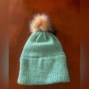 Mint Green Women's Beanie with Faux Fur Pom